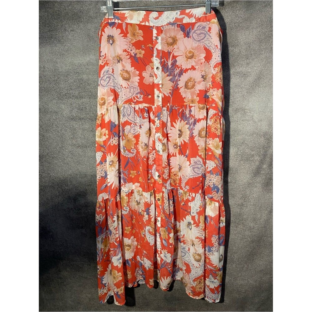 Fourteenth Place 2X Floral Paisley Tiered Maxi Skirt Orange Boho Button Front